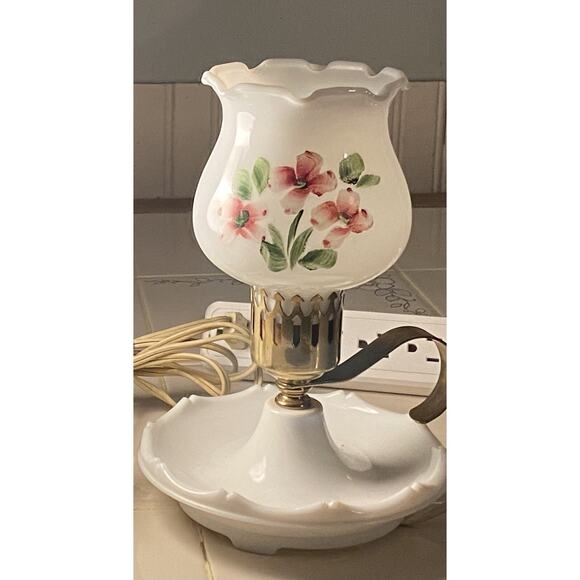 Vintage Milk Glass Hurricane Parlor Hand Painted Floral Lamp Scallop Base Style - Picture 2 of 16